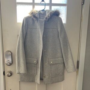 J. Crew Light Gray Coat with Faux Fur Hood